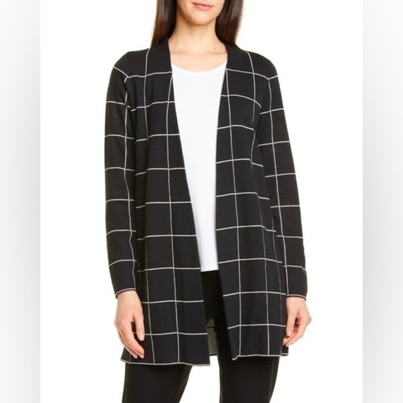 NEW Eileen Fisher Windowpane Check Wool Long Cardigan in Black L - Picture 1 of 9
